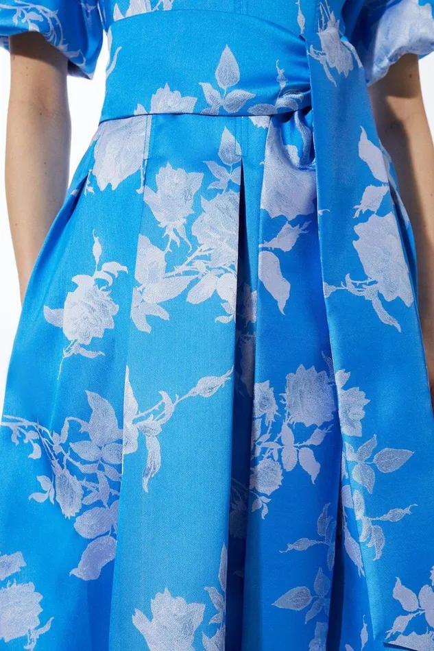 Jacquard Puff Sleeve Belted Woven Dress Blue Women Karen Millen Dresses