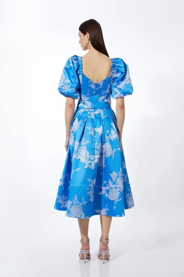 Jacquard Puff Sleeve Belted Woven Dress Blue Women Karen Millen Dresses