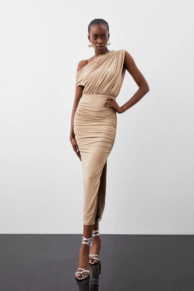 Jersey Crepe Asymetric Neckline Maxi Dress Sand Women Karen Millen Dresses