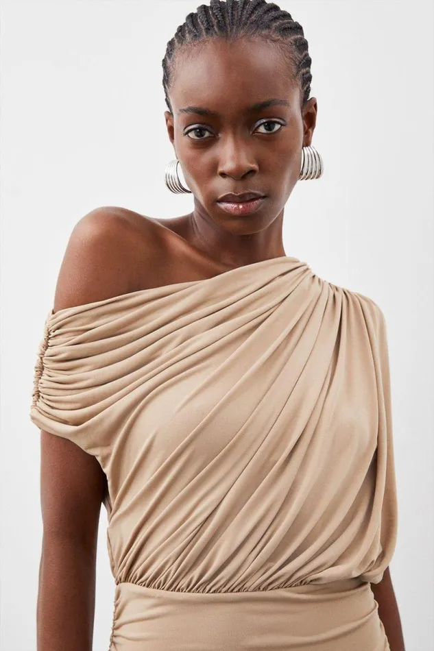 Jersey Crepe Asymetric Neckline Maxi Dress Sand Women Karen Millen Dresses