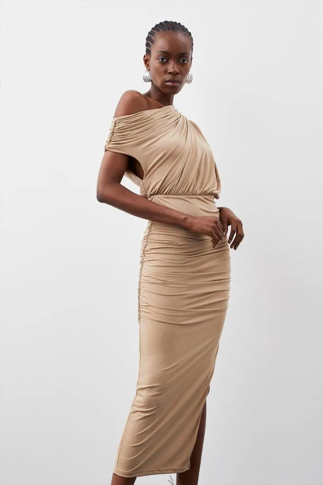 Jersey Crepe Asymetric Neckline Maxi Dress Sand Women Karen Millen Dresses