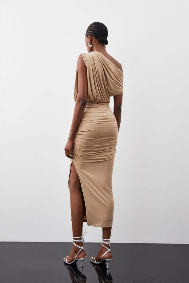 Jersey Crepe Asymetric Neckline Maxi Dress Sand Women Karen Millen Dresses