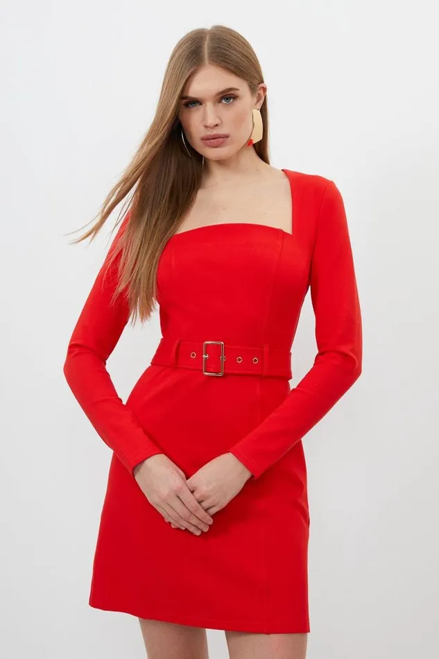 Jersey Ponte Belted Mini Dress Red Women Karen Millen Dresses