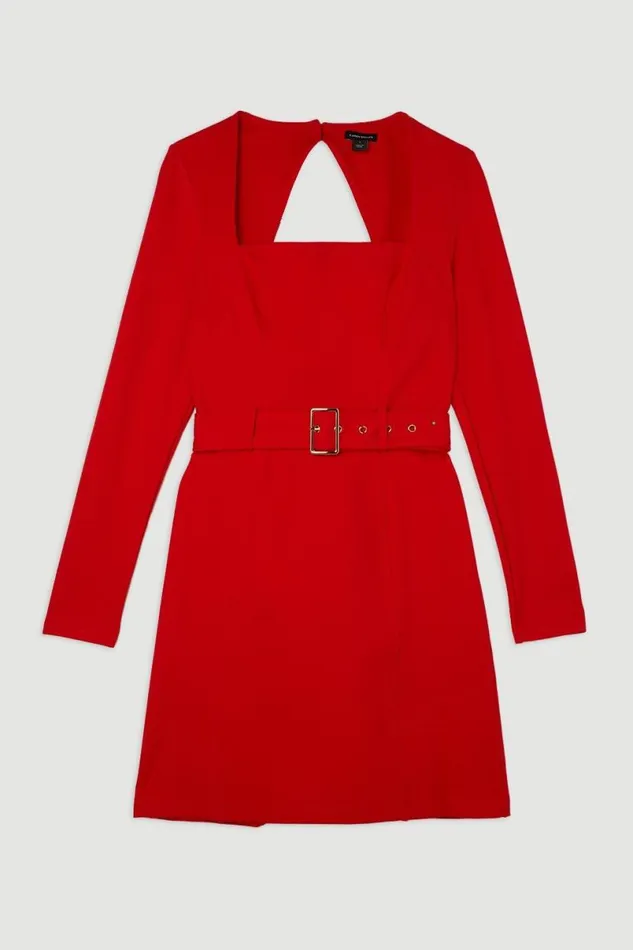 Jersey Ponte Belted Mini Dress Red Women Karen Millen Dresses