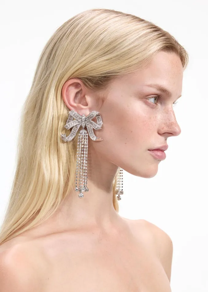 Jewellery Women Self Portrait Large Crystal Bow Droplet Earrings Silver