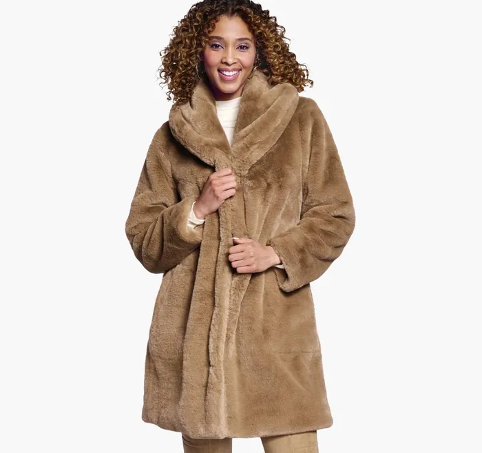 JohnstonandMurphy Coats Jackets and Vests FauxFur ShawlCollar Coat Camel 8211 Women