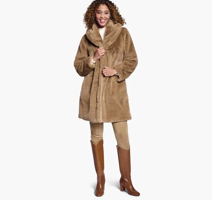 JohnstonandMurphy Coats Jackets and Vests FauxFur ShawlCollar Coat Camel 8211 Women JohnstonandMurphy Coats Jackets and Vests FauxFur ShawlCollar Coat Camel 8211 Women