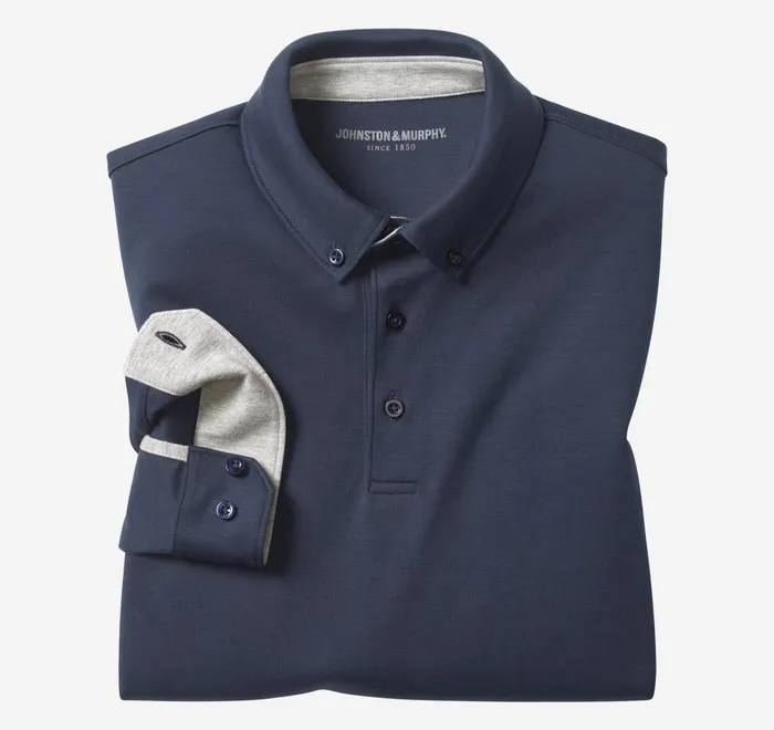 JohnstonandMurphy Polos and Tees Liquid Cotton LongSleeve Polo Navy 8211 Men