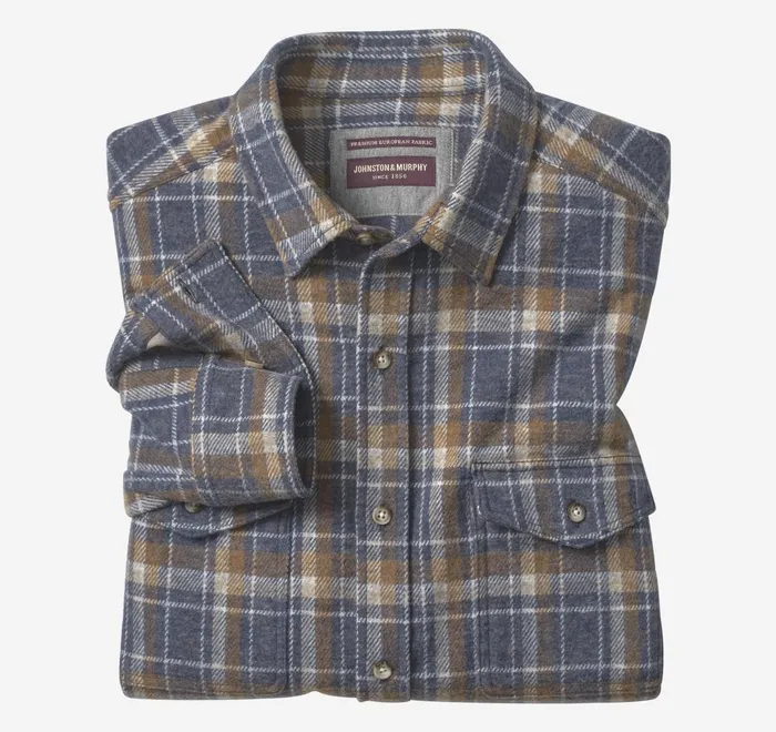 JohnstonandMurphy Shirts Brushed ButtonFront Knit Navy Open Grid Plaid 8211 Men