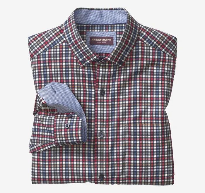 JohnstonandMurphy Shirts LongSleeve Twill Checked Shirt Berryblue Outlined Check 8211 Men