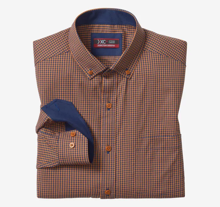 JohnstonandMurphy Shirts Xc4 LongSleeve StretchWoven Shirt Rustnavy Gingham 8211 Men