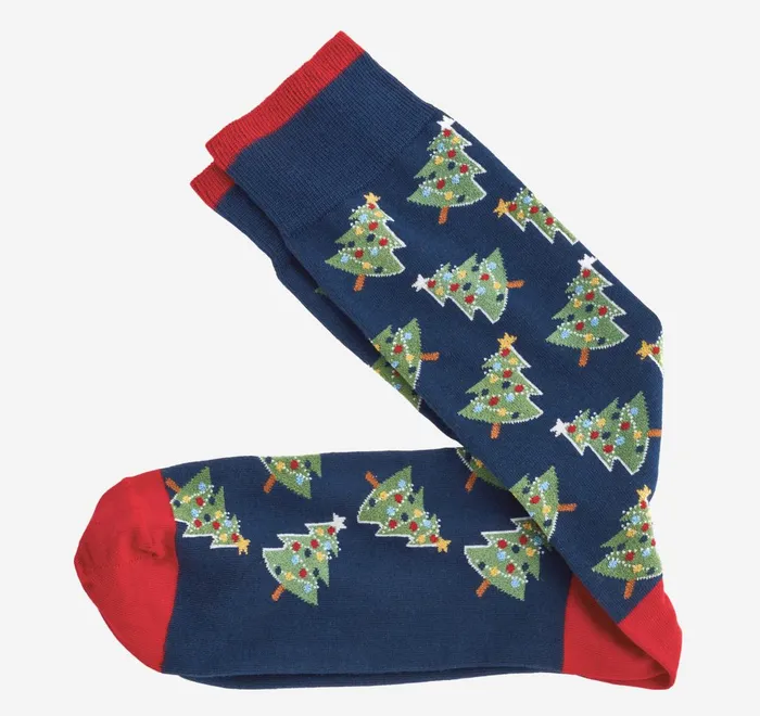 JohnstonandMurphy Socks Pima Cotton HolidayThemed Socks Navy Christmas Trees 8211 Men