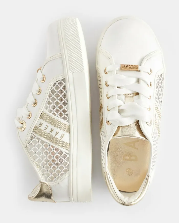 Kids AMEEYLA 8211 Diamante Mesh Panel Satin Trainers Ivory Ted Baker Older Girls