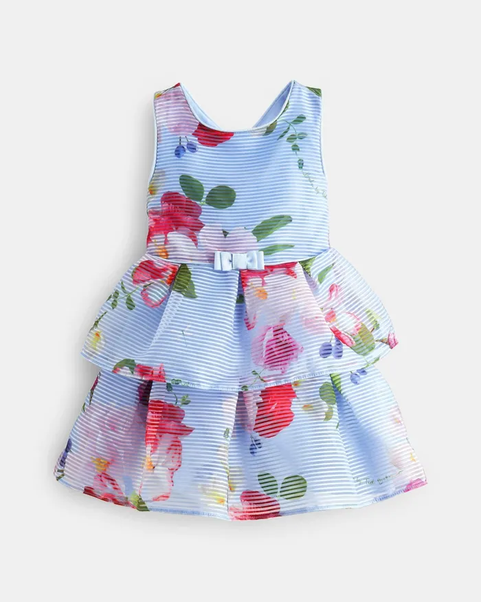 Kids BRANCEE 8211 Floral Striped Dress With Tiered Skirt Blue Ted Baker Dresses