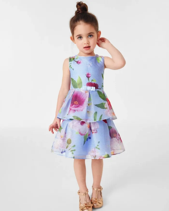 Kids BRANCEE 8211 Floral Striped Dress With Tiered Skirt Blue Ted Baker Dresses
