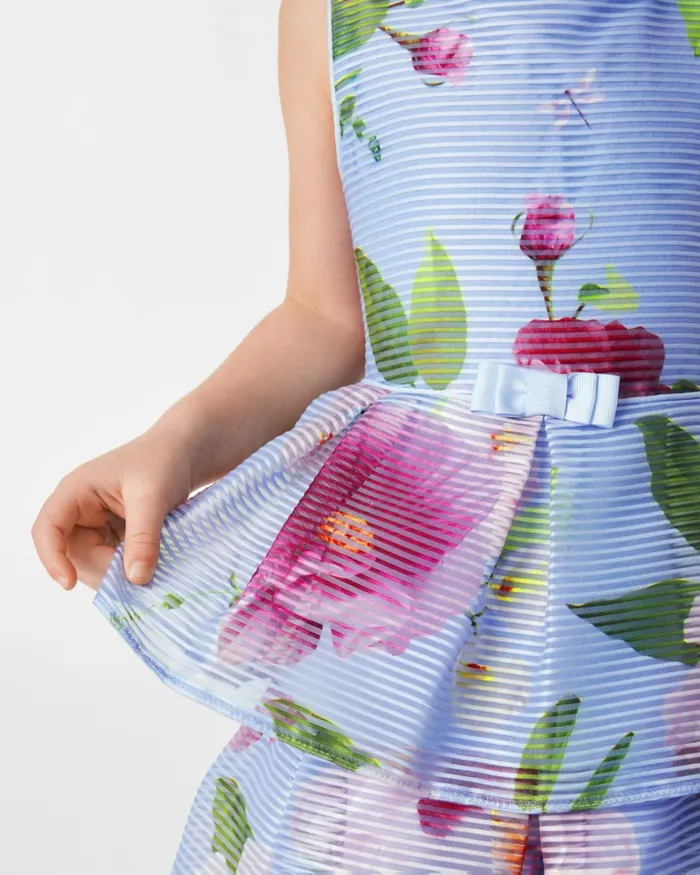 Kids BRANCEE 8211 Floral Striped Dress With Tiered Skirt Blue Ted Baker Dresses