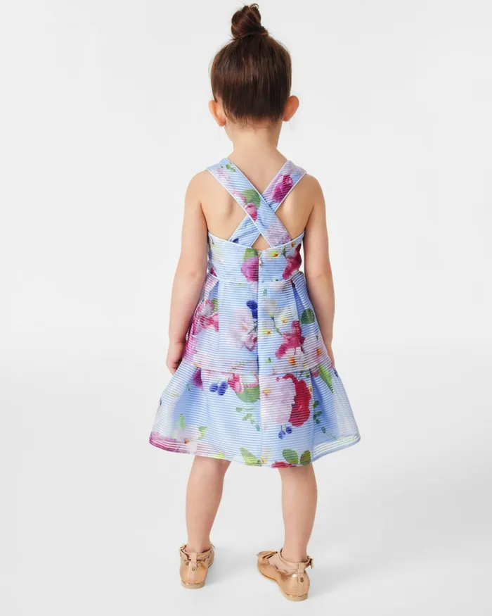 Kids BRANCEE 8211 Floral Striped Dress With Tiered Skirt Blue Ted Baker Dresses