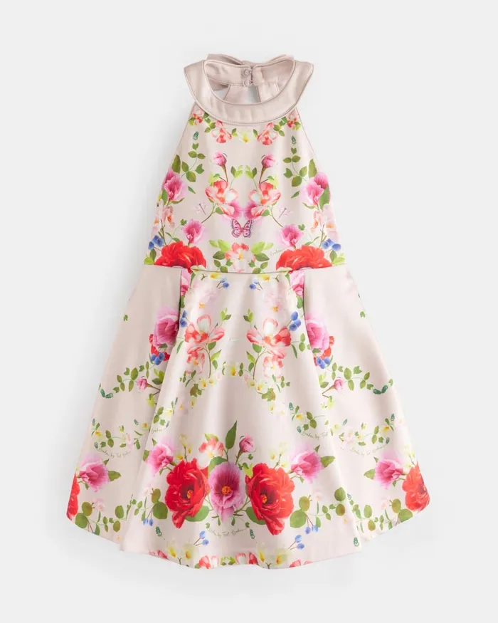 Kids DAVEYNA 8211 Satin Floral Halter Neck Dress White Ted Baker Older Girls