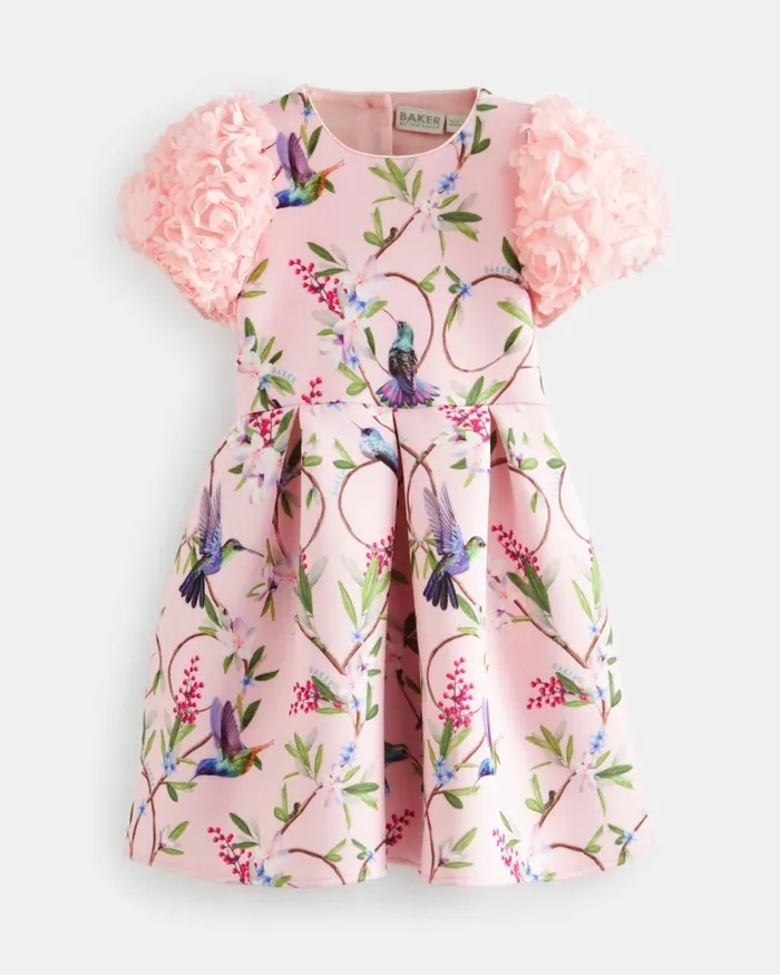 Kids DIMITIE 8211 Floral Print Ruffle Sleeve Scuba Dress Pink Ted Baker Dresses