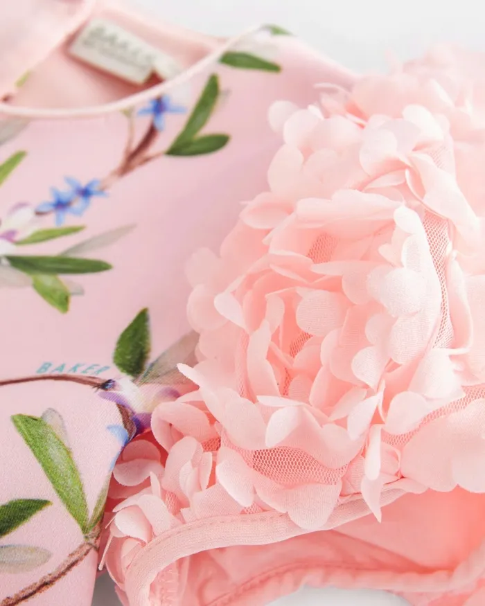 Kids DIMITIE 8211 Floral Print Ruffle Sleeve Scuba Dress Pink Ted Baker Dresses