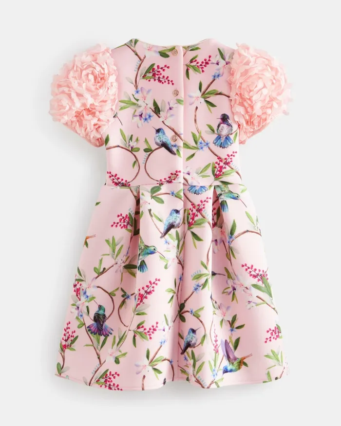 Kids DIMITIE 8211 Floral Print Ruffle Sleeve Scuba Dress Pink Ted Baker Dresses