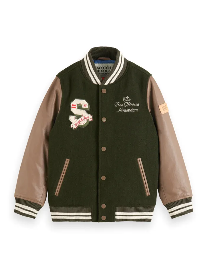 Kids LEATHER VARSITY JACKET Heritage Green Scotch and Soda Jackets and Coats