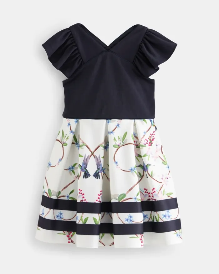 Kids LUSEEY 8211 Frill Cap Sleeve Dress With Floral Skirt Navy Ted Baker Older Girls Kids LUSEEY 8211 Frill Cap Sleeve Dress With Floral Skirt Navy Ted Baker Older Girls