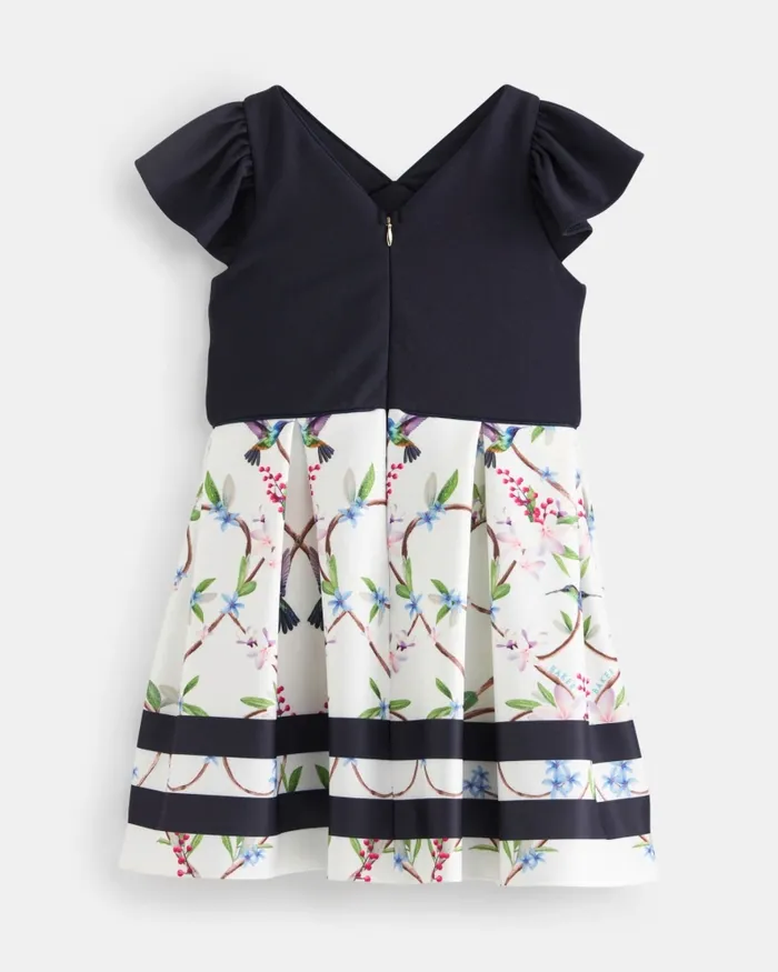 Kids LUSEEY 8211 Frill Cap Sleeve Dress With Floral Skirt Navy Ted Baker Older Girls Kids LUSEEY 8211 Frill Cap Sleeve Dress With Floral Skirt Navy Ted Baker Older Girls