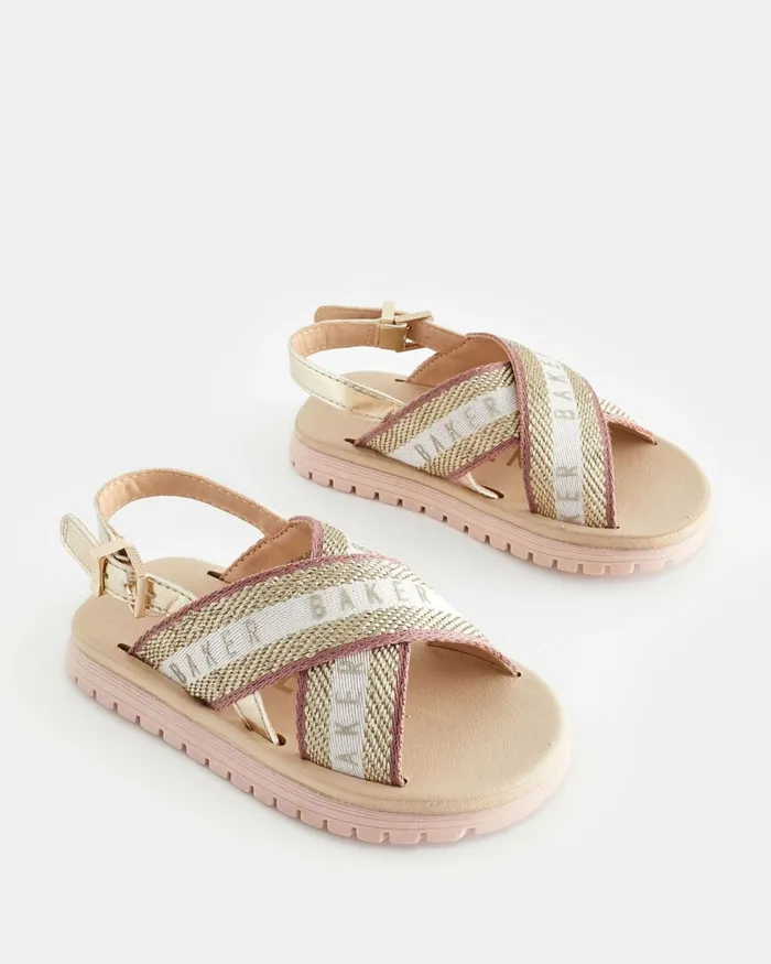 Kids LYDDEEY 8211 Metallic Webbing Cross Strap Sandals Pink Ted Baker Younger Girls