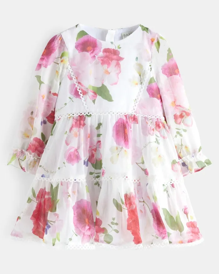 Kids MYYHA 8211 Long Sleeve Floral Tiered Dress White Ted Baker Dresses