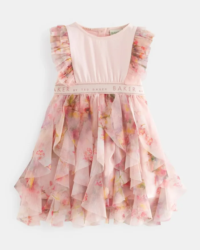 Kids OPALEY 8211 Waterfall Ruffle Mesh Mockable Dress Pink Ted Baker Dresses