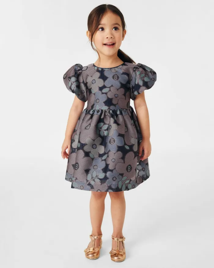 Kids PETELL 8211 Floral Jacquard Puff Sleeve Dress Navy Ted Baker Dresses