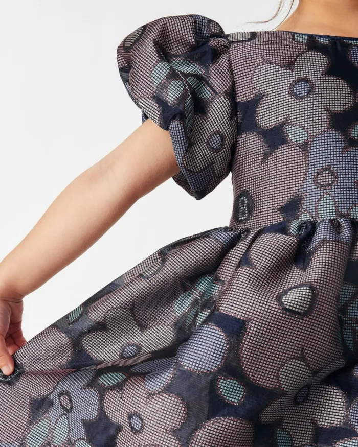 Kids PETELL 8211 Floral Jacquard Puff Sleeve Dress Navy Ted Baker Dresses