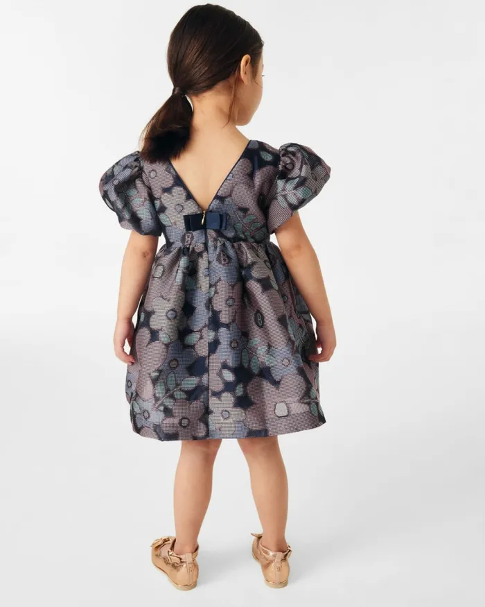 Kids PETELL 8211 Floral Jacquard Puff Sleeve Dress Navy Ted Baker Dresses