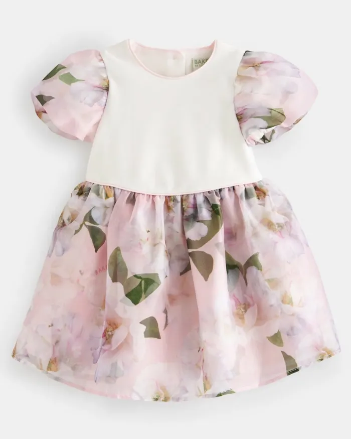 Kids RUBIIEE 8211 Floral Organza Puff Sleeve Dress Pink Ted Baker Dresses