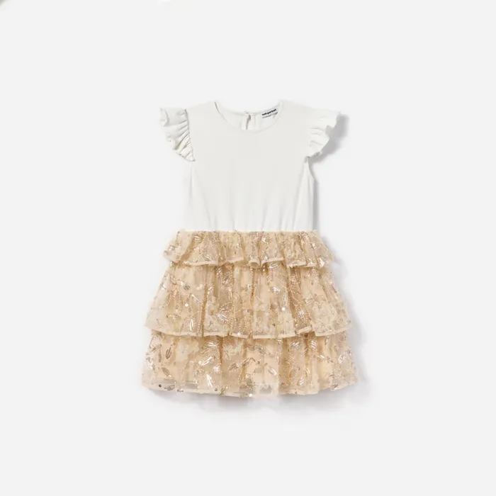 Kids Self Portrait Cream Jersey Sequin Tulle Dress