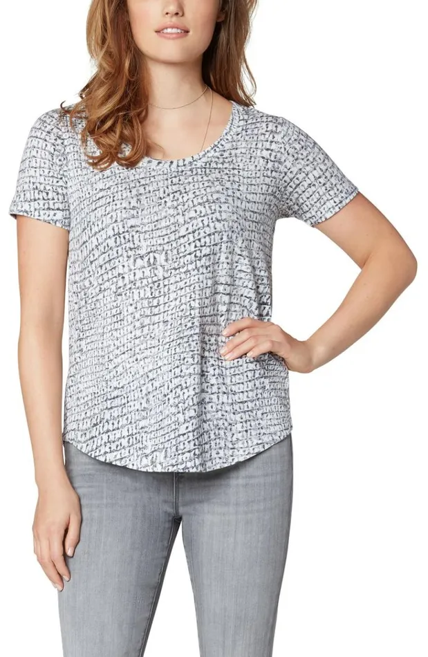 Knit Tops Women Liverpool Los Angeles Scoop Neck Short Sleeve Tee Grey Reptile Print