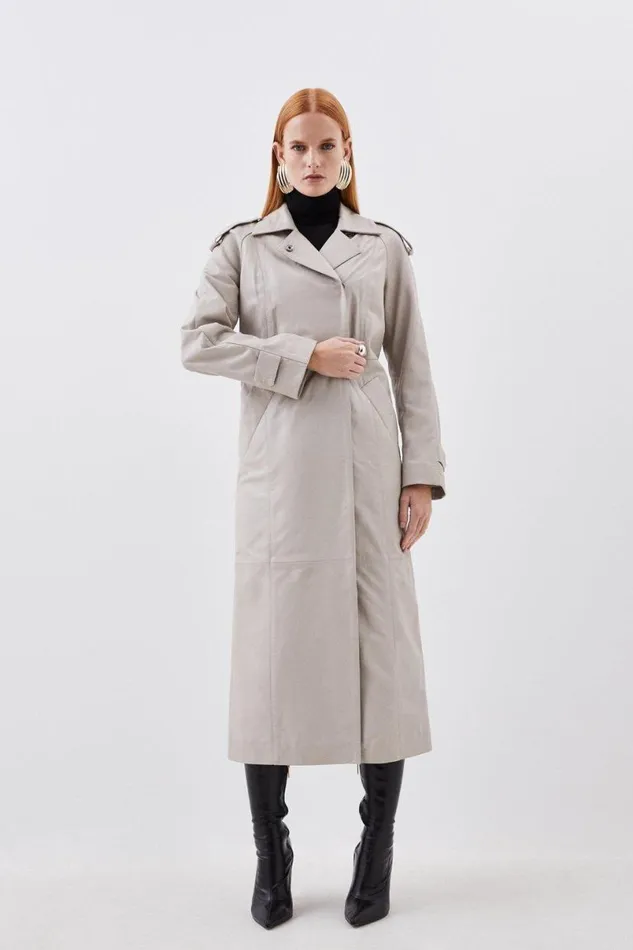 Leather Minimal Clean Midi Coat Oatmeal Women Karen Millen Coats and Jackets