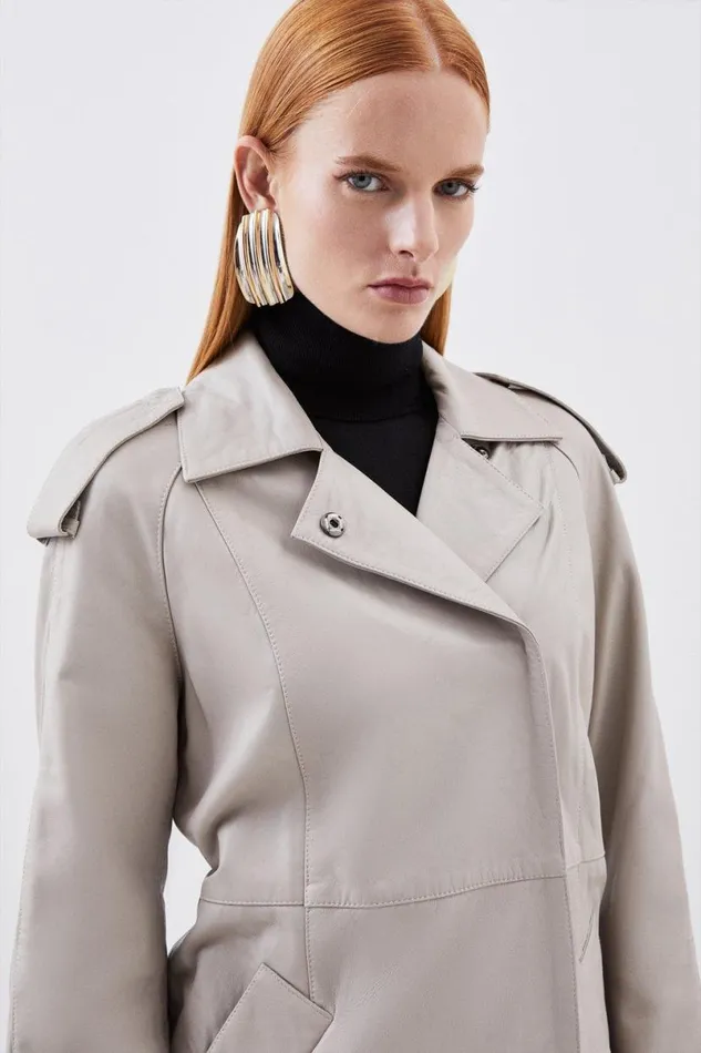Leather Minimal Clean Midi Coat Oatmeal Women Karen Millen Coats and Jackets