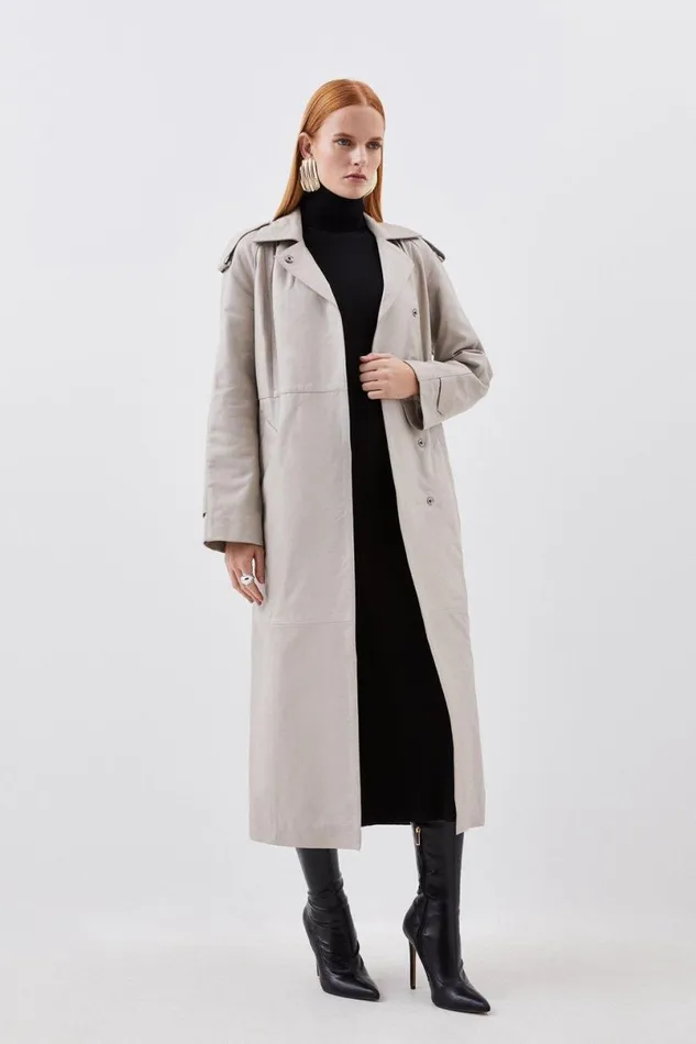 Leather Minimal Clean Midi Coat Oatmeal Women Karen Millen Coats and Jackets