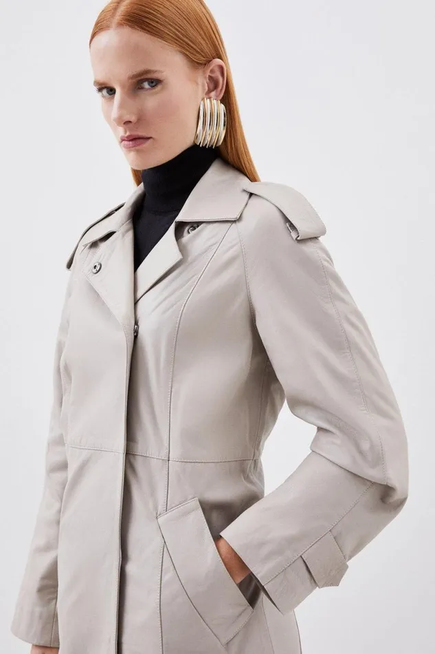 Leather Minimal Clean Midi Coat Oatmeal Women Karen Millen Coats and Jackets