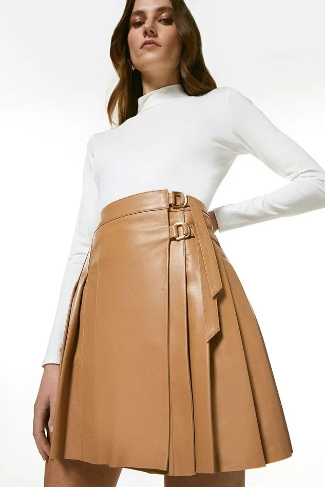 Leather Pleated Buckle Kilt Skirt Camel Women Karen Millen Skirts