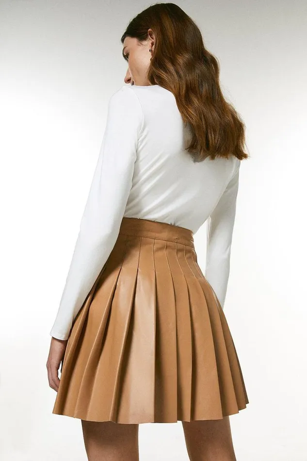 Leather Pleated Buckle Kilt Skirt Camel Women Karen Millen Skirts