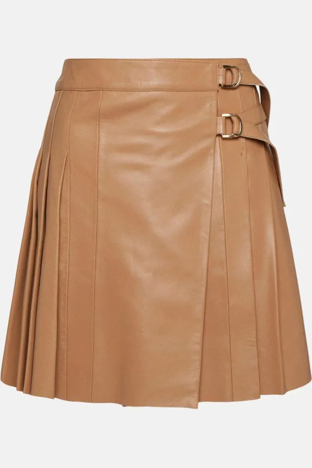Leather Pleated Buckle Kilt Skirt Camel Women Karen Millen Skirts