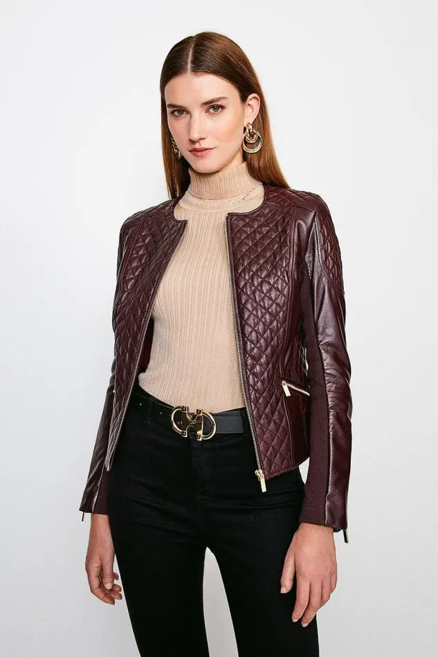 Leather Quilted Biker Jacket Fig Women Karen Millen Coats and Jackets