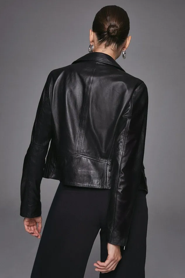 Leather Signature Biker Jacket Black Women Karen Millen Coats and Jackets