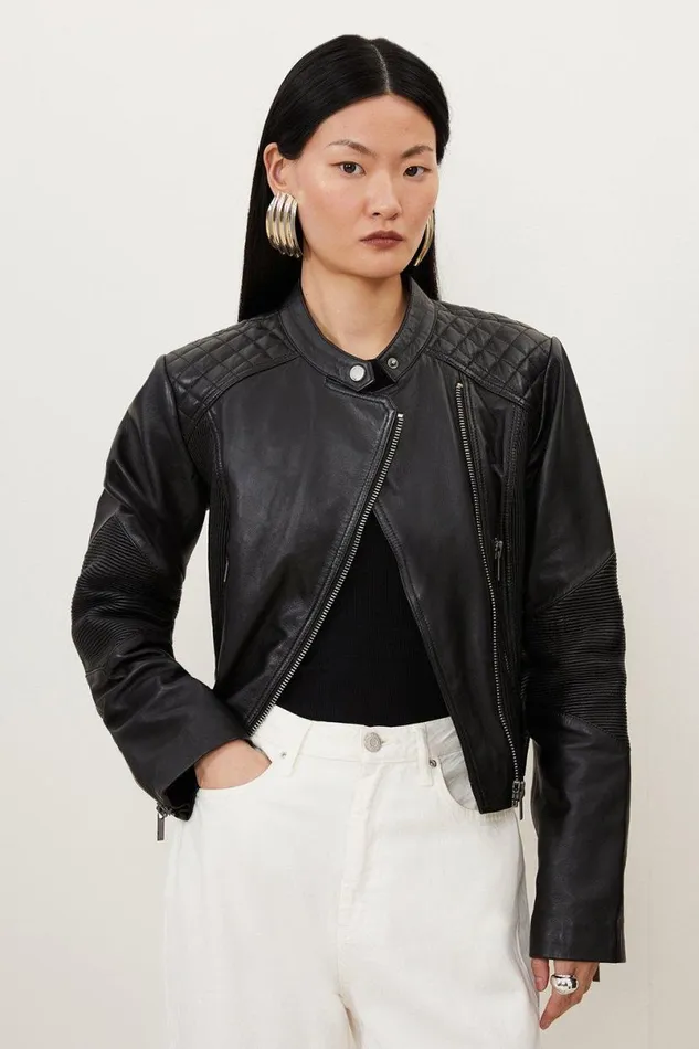 Leather Washed Biker Jacket Black Women Karen Millen Coats and Jackets