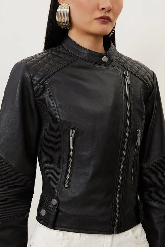 Leather Washed Biker Jacket Black Women Karen Millen Coats and Jackets