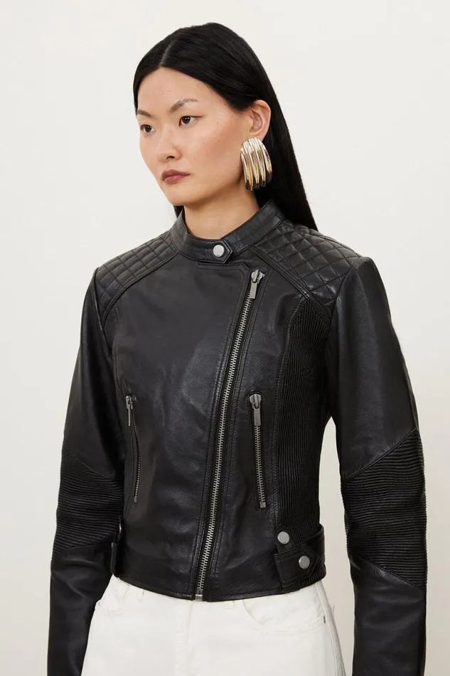 Leather Washed Biker Jacket Black Women Karen Millen Coats and Jackets