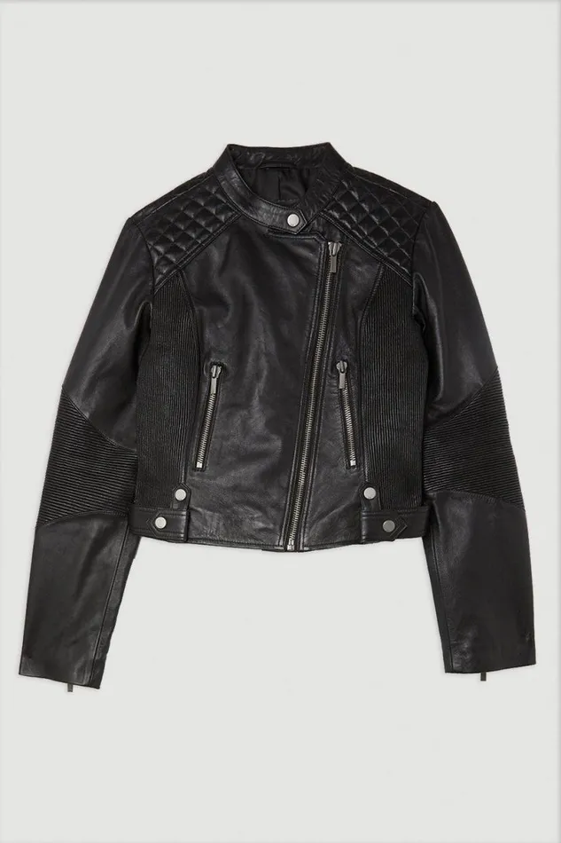 Leather Washed Biker Jacket Black Women Karen Millen Coats and Jackets